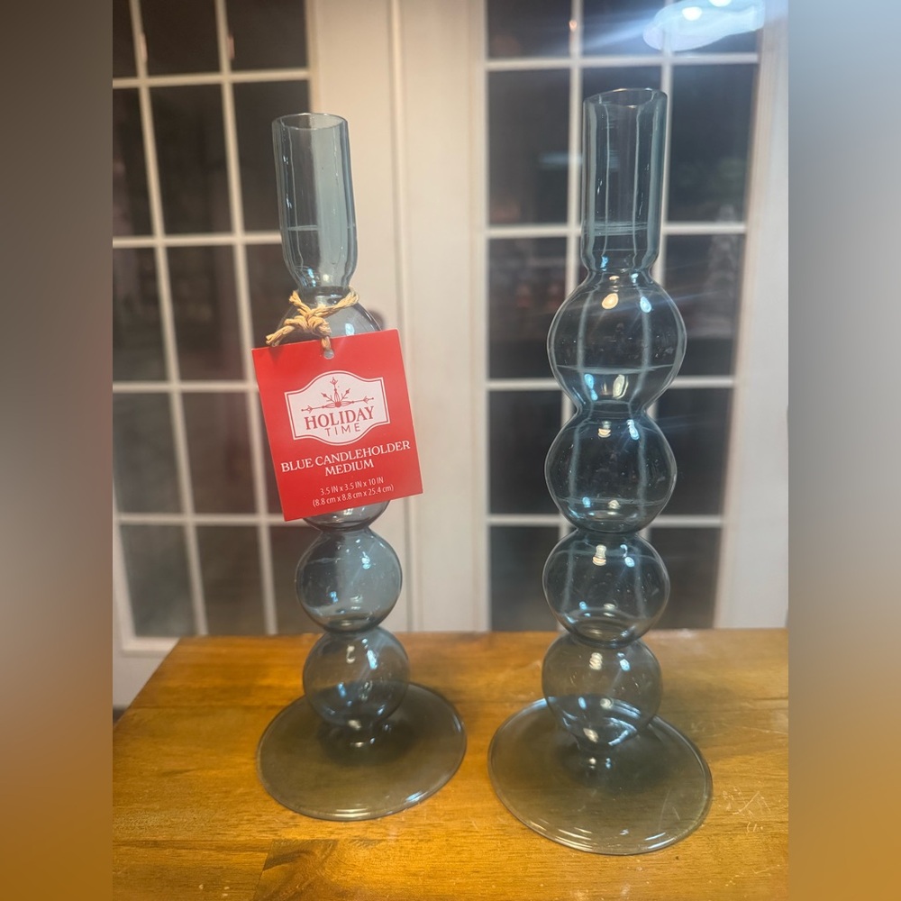 Holiday Time Blue/Gray Glass Candle Holder Set